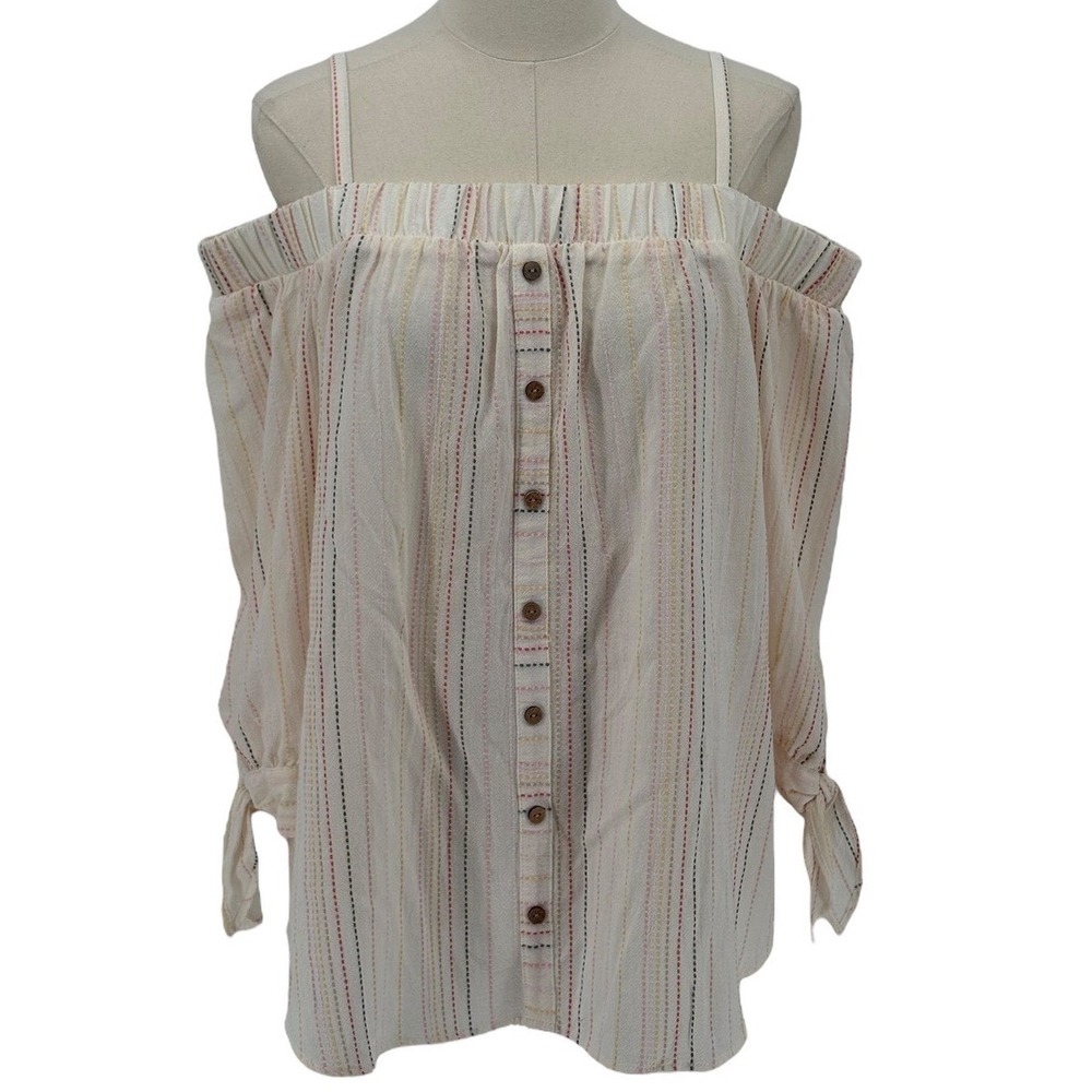 IZ Byer 100% Cotton Cream Off the Shoulder Blouse w/ Buttons, Ties (Size XXL)